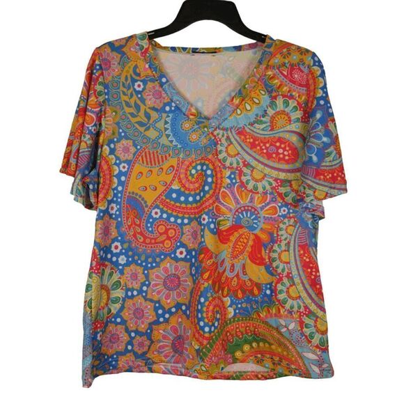 Women's Printed Floral V-neck Short Sleeve T-shirt L - Picture 1 of 7